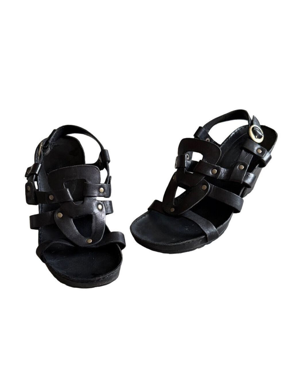Timberland Y2K Black Strappy Chunky Heel Sandals Rivet Platform Sz 6.5